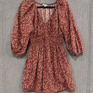 Madewell Dress Womens 6 Burgundy Paisley V-Neck Smocked Waist Long Sleeve Mini